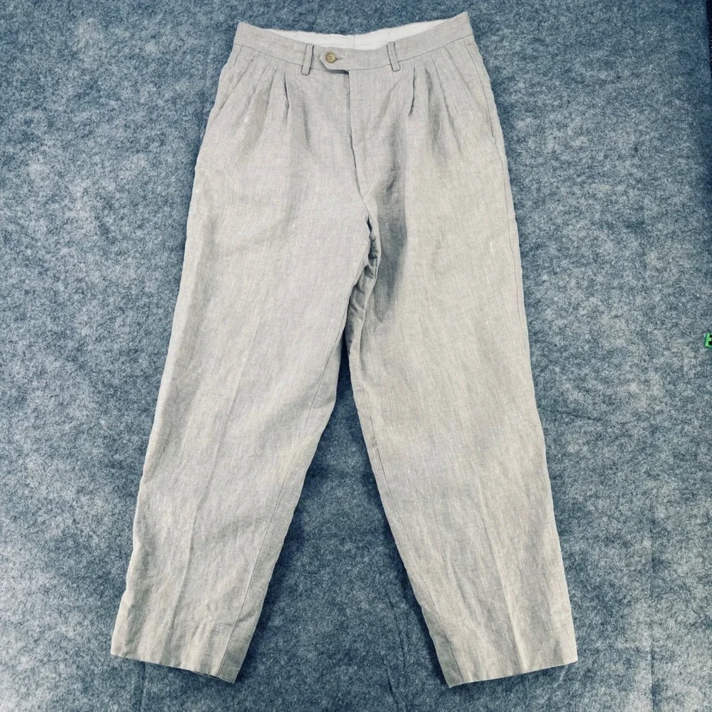 Baxter Sport Trousers Men 32x32 Brown 100% Linen Pleated Wide leg Fit 30x28 Pant